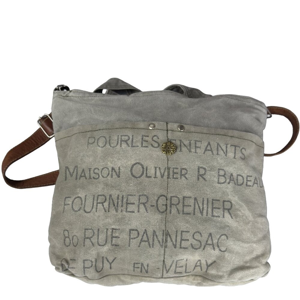 Vintage French Canvas Crossbody Bag Stenciled Text Leather Strap Utility Purse